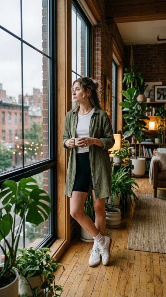 How to Style Summer Dresses with Sneakers (13+ Outfit Ideas) 4 Woman wearing open green gauze shirt dress over shorts and white tennis sneakers.