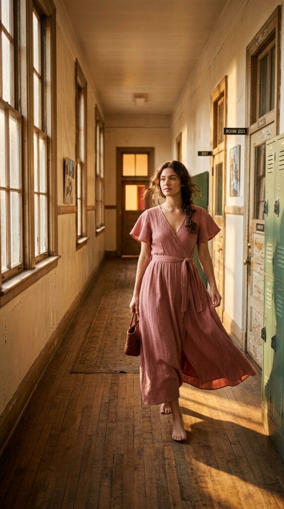 Teacher Outfit Ideas for Back to School: First-Week Looks That Make an Impression 14 Woman in dusty rose gauze wrap maxi dress walking down a sunny corridor.