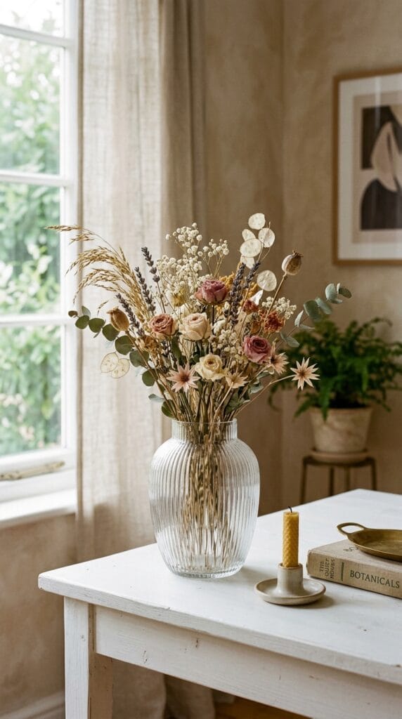 Last Minute Birthday Gifts for Her That Still Feel Incredibly Thoughtful 9 A fluted clear glass vase with dried flowers on a white console table.