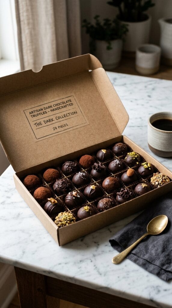 Last Minute Birthday Gifts for Her That Still Feel Incredibly Thoughtful 8 An open box of assorted dark chocolate truffles arranged on a marble table.