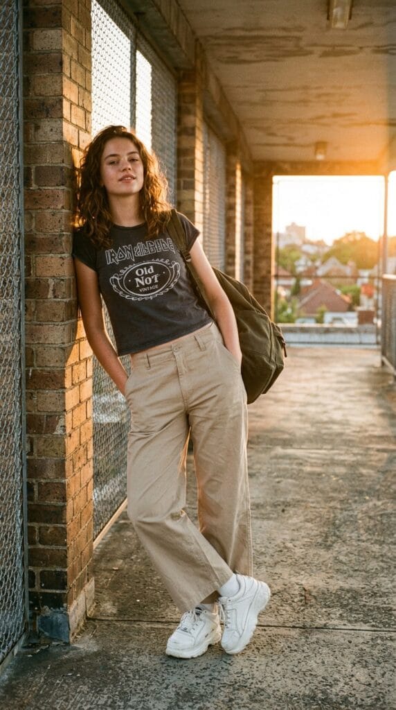 Teen girl wearing a graphic baby tee with wide-leg poplin trousers and sneakers.