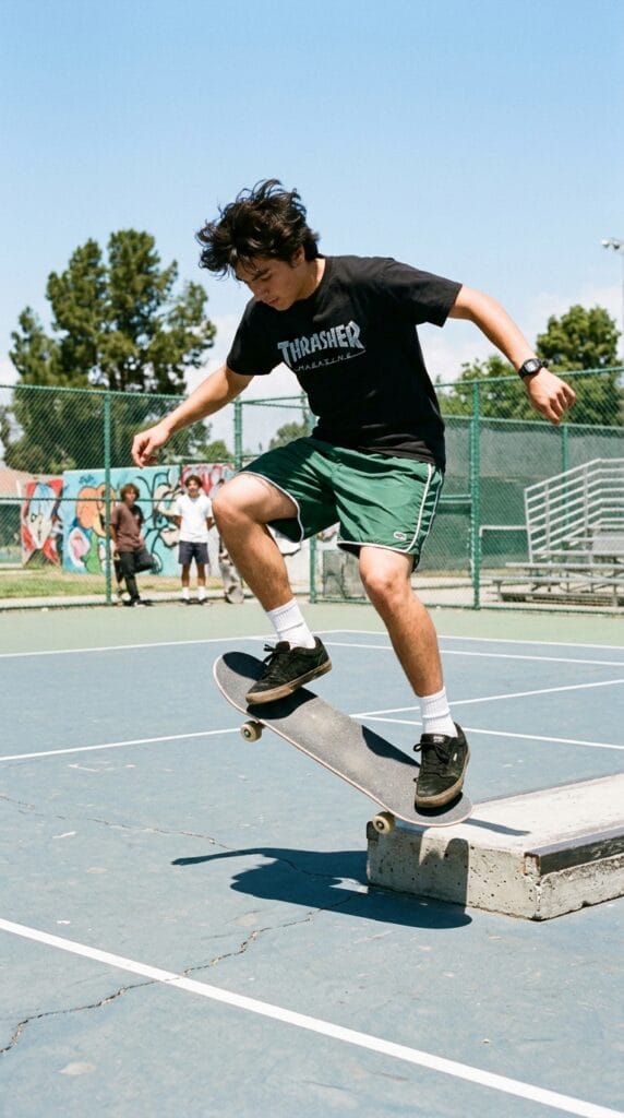 Skater Boy Summer Outfits for Teens That Are Effortlessly Cool 5 Teen skater doing a trick wearing a graphic tee and loose green nylon shorts.