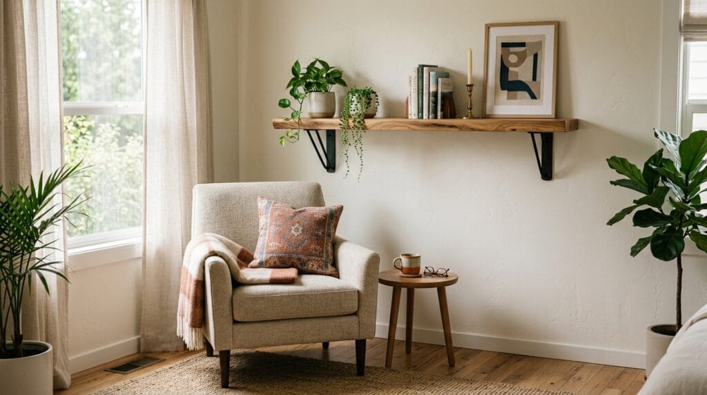 Wood shelf with thin metal hairpin legs mounted above a cozy bedroom reading chair.