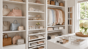 A bright, beautifully structured closet shelf displaying organized leather handbags and acrylic dividers.