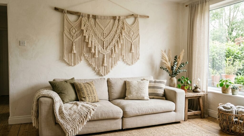 Handwoven macrame wall hanging displayed above a beige sofa in a sunlit living room.