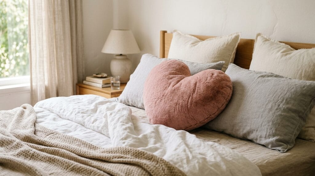 Coquette bedroom decor: soft, feminine, and utterly pretty 5 Plush heart-shaped pillow resting against layered pillows on a softly styled bedroom bed.