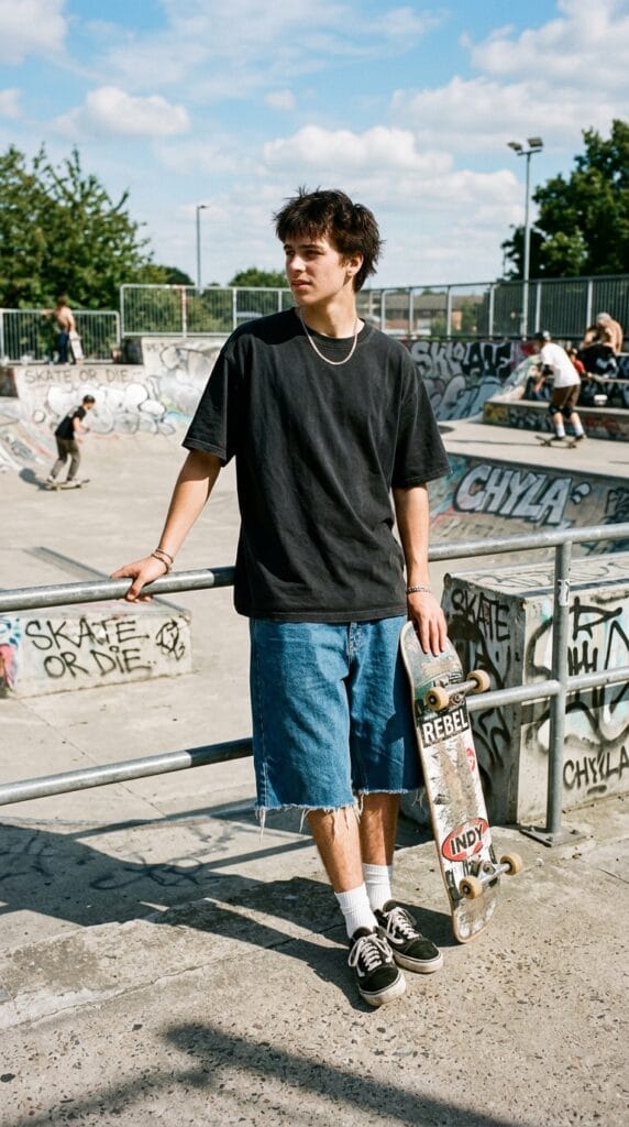 Skater Boy Summer Outfits for Teens That Are Effortlessly Cool 2 Teen skater wearing an oversized black heavyweight tee and baggy raw-hem denim shorts.