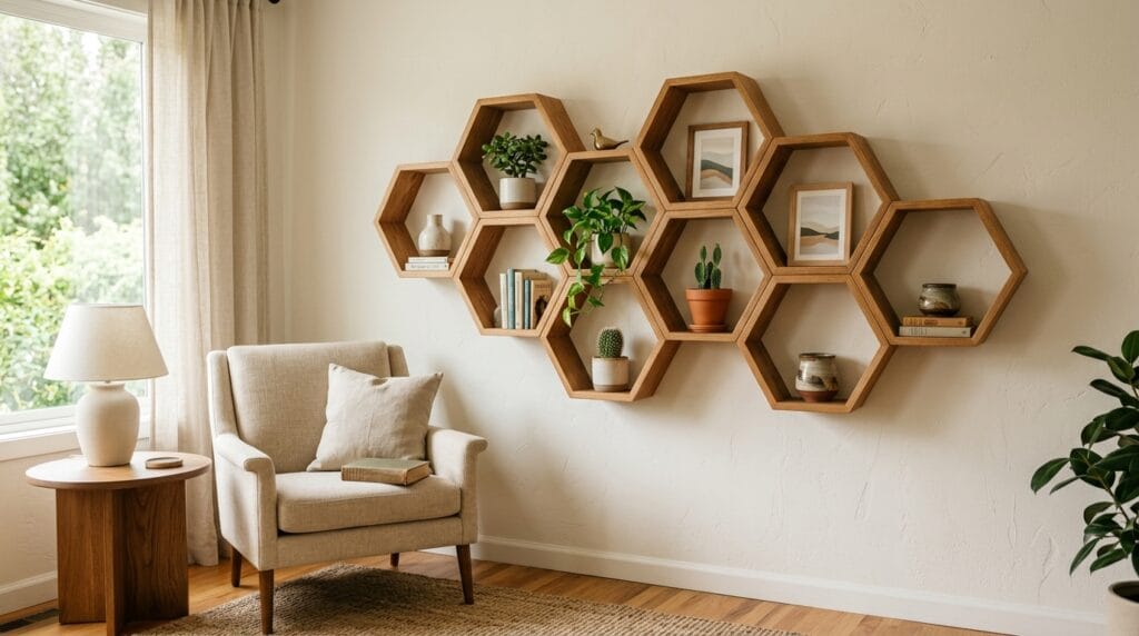 Hexagon-shaped wood shelves arranged in a honeycomb pattern on a living room wall.