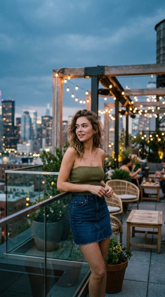 Denim Mini Skirt Outfit Ideas for Summer That Are Y2K and Casual 8 High-waisted dark wash denim mini skirt paired with a ribbed bandeau top