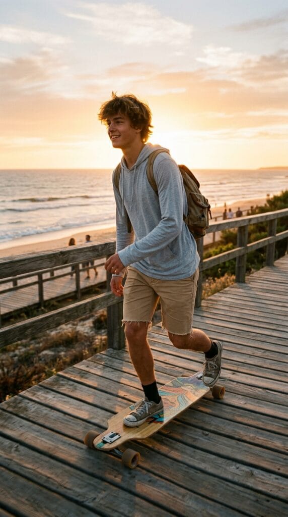 Skater Boy Summer Outfits for Teens That Are Effortlessly Cool 13 Teen wearing a light grey hooded shirt and tan cut-off chino shorts.