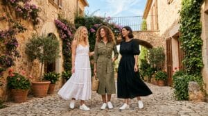 Three women in different summer dresses and white sneakers laughing in a courtyard.