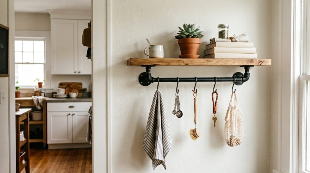 Wood shelf with black pipe brackets and hooks holding mugs near a kitchen entry.