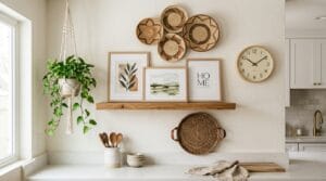 Bright kitchen with shelves, framed art, a clock, baskets, and hanging plants on the wall.