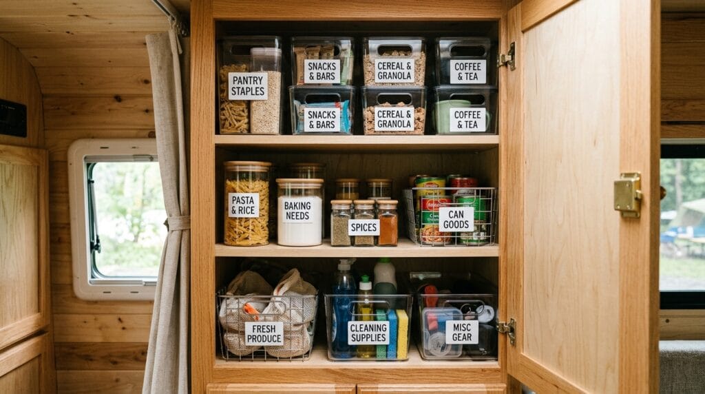 Labeled storage bins arranged neatly inside a camper cabinet for quick identification.