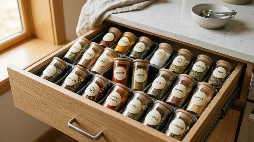 Small labeled storage containers arranged neatly inside an organized household kitchen drawer
