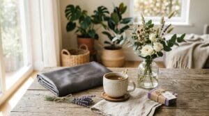 A collection of lifestyle gifts arranged on a rustic wooden table with title text overlay.