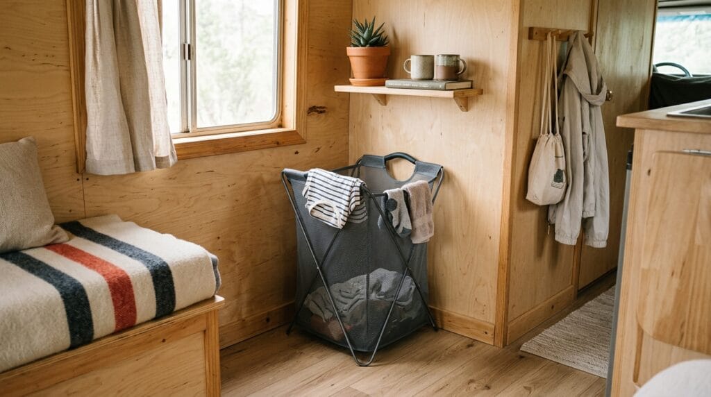 Collapsible mesh laundry organizer positioned neatly in the corner of a camper interior.