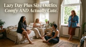 Plus size women wearing a range of comfortable lazy day outfits at home.