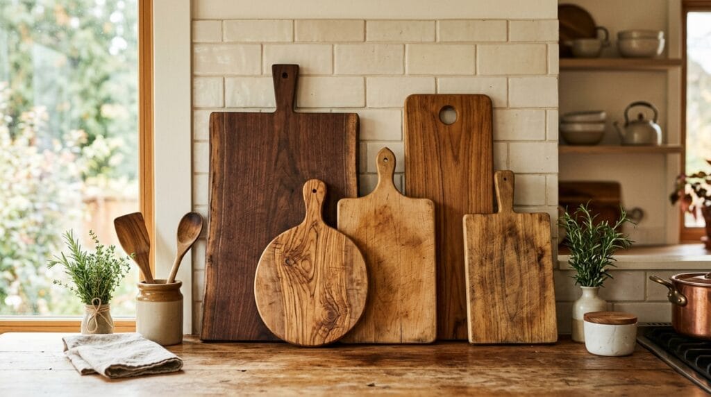 Wood cutting boards leaning in layers against a kitchen backsplash.