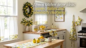 A sunlit kitchen styled with lemon-themed linens, ceramics, wall art and citrus greenery accents.