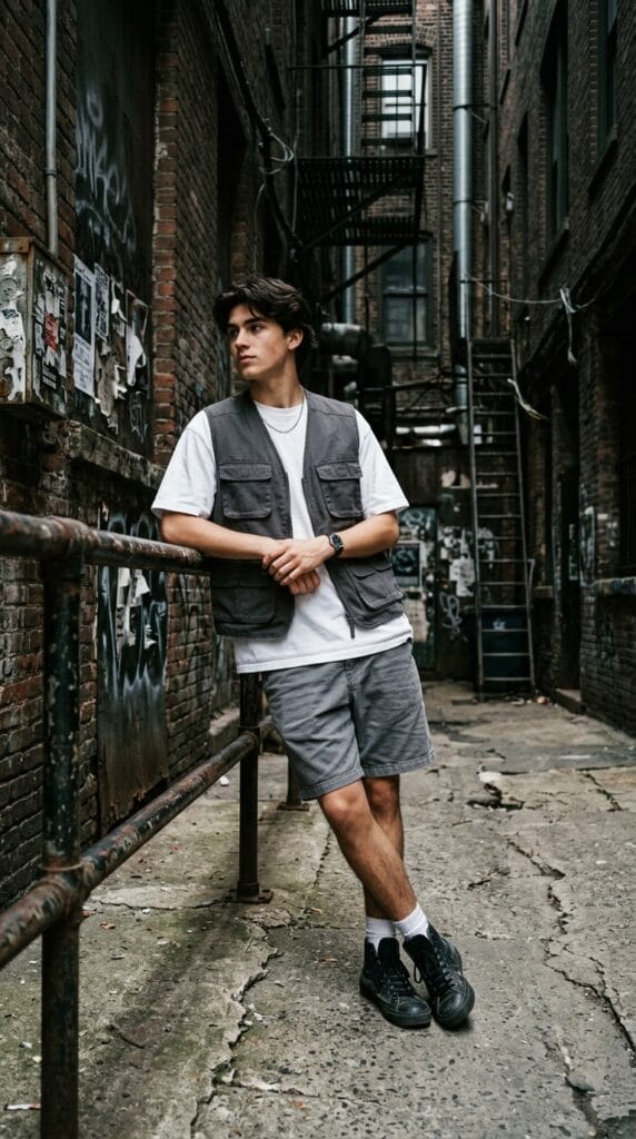 Skater Boy Summer Outfits for Teens That Are Effortlessly Cool 7 Teen wearing a black utility canvas vest over a white shirt with grey shorts.