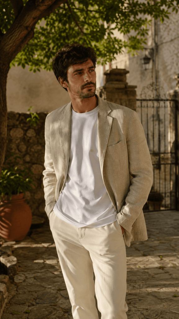 Man in an unstructured linen blazer over a white crewneck tee in a sunlit stone courtyard.