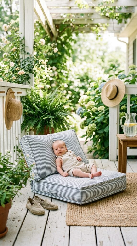 Adorable Newborn Summer Outfits for Boys and Girls 6 Newborn baby wearing an oatmeal-colored linen blend button-down shortall romper on a cushion.