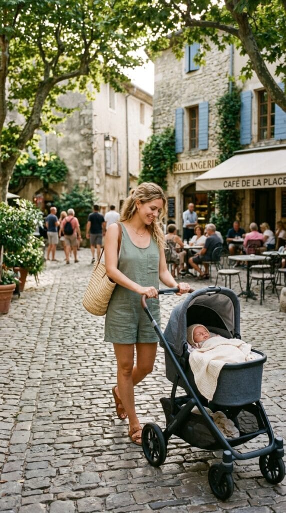 Adorable Newborn Summer Outfits for Boys and Girls 11 Newborn resting in a stroller wearing a sage green linen blend shortall jumpsuit.