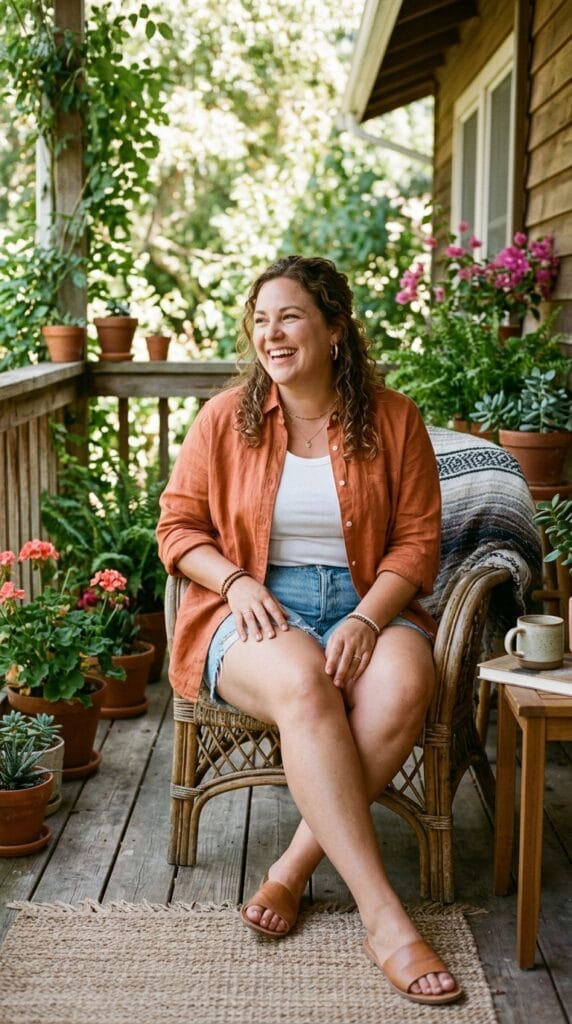 Plus size woman wearing open linen shirt over tank and denim shorts.