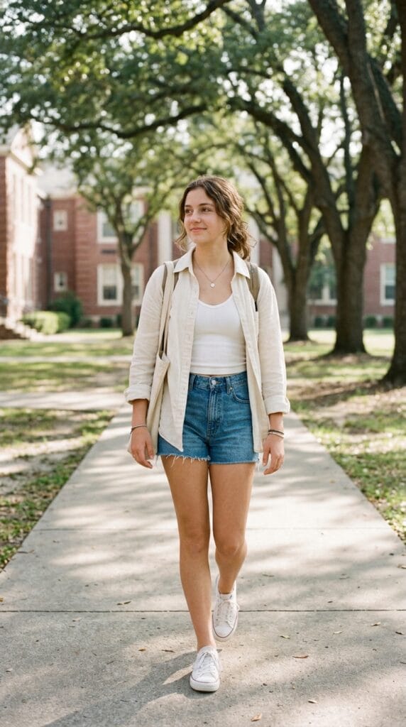 Teen girl in an open linen button-down shirt layered over a ribbed tank.