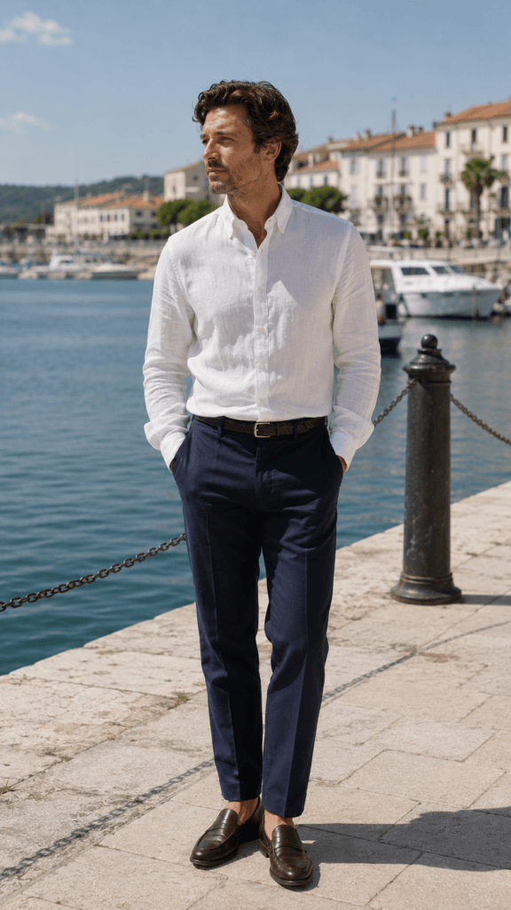 Man in a white linen shirt buttoned to the collar and tucked into navy trousers.