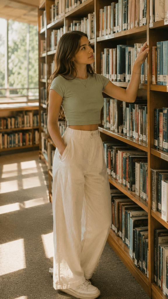 Summer School Outfit Ideas for Teen Girls: Fun, Fresh & Totally On-Trend 4 Teen girl wearing cream wide-leg linen trousers and a sage green cropped baby tee.
