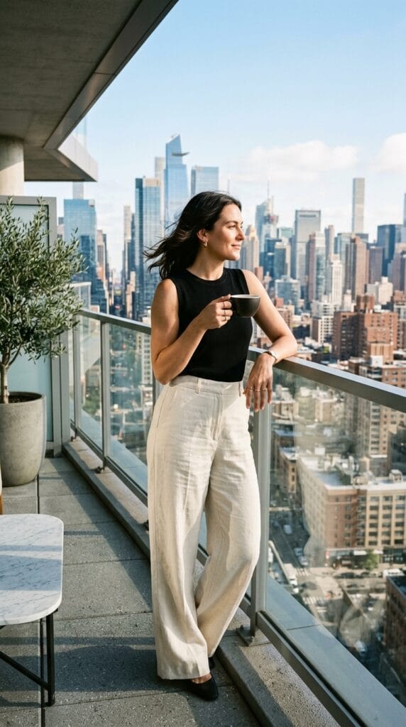 Cream linen wide-leg trousers styled with a black high-neck knit shell.