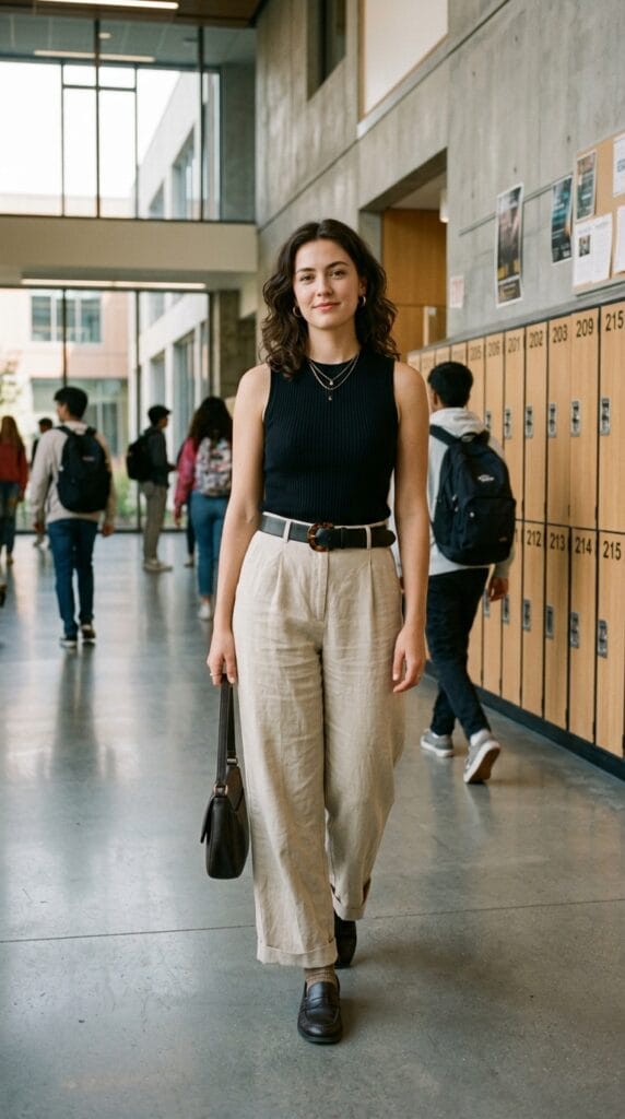 Teacher Outfit Ideas for Back to School: First-Week Looks That Make an Impression 3 Woman in sand linen wide-leg trousers and a black ribbed top in a hallway.