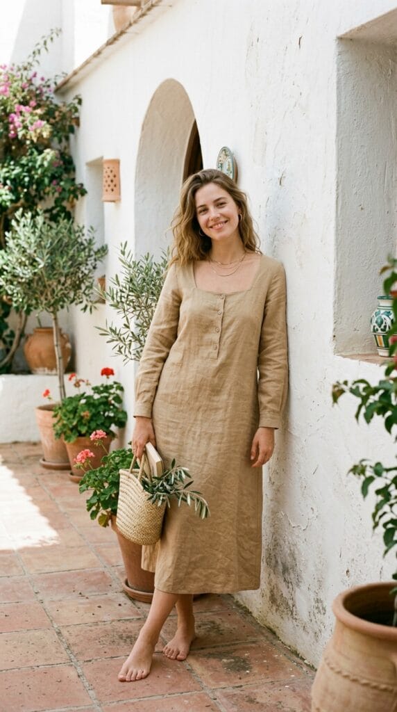 Modest Summer Outfits That Work for Every Occasion 4 Woman in a long-sleeve linen midi dress against a sunlit stucco wall
