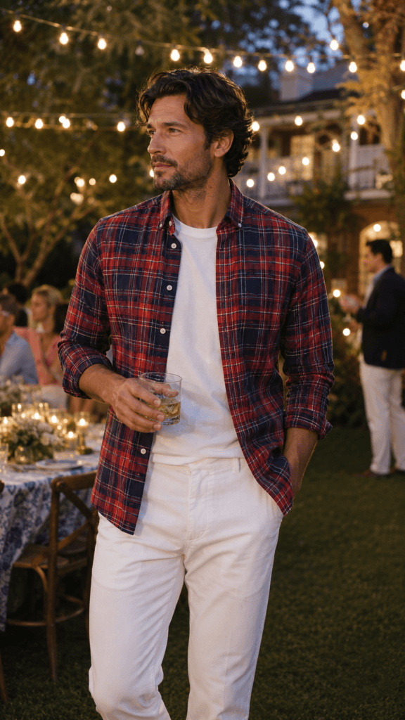 Man in open red and navy madras plaid shirt with white trousers at a garden party.