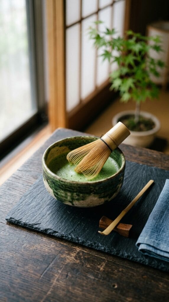 Last Minute Birthday Gifts for Her That Still Feel Incredibly Thoughtful 10 A bamboo matcha whisk resting next to a ceramic bowl on slate.