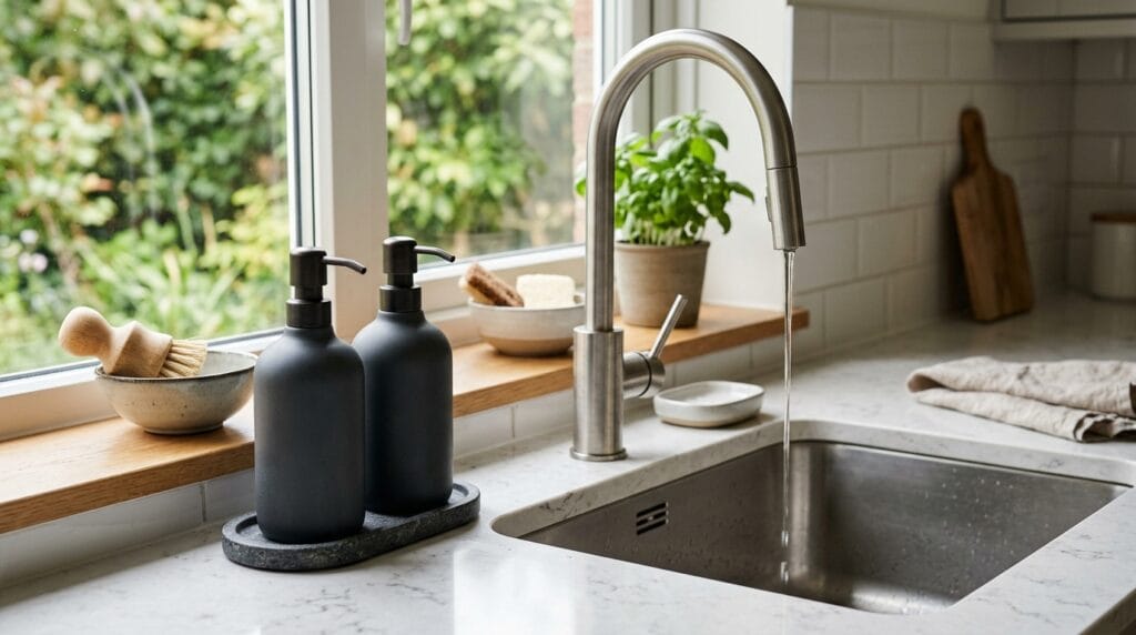 Matching dark soap dispenser set styled neatly beside a kitchen sink.