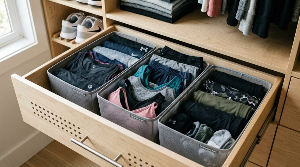 Mesh storage baskets holding folded gym clothes inside a ventilated drawer space