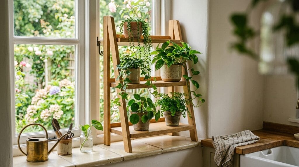 Small wood ladder plant shelf on a windowsill holding trailing green plants.