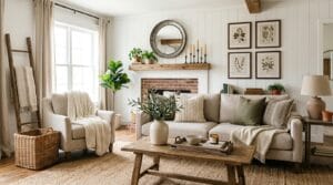 Bright farmhouse living room showcasing curated rustic decor items in soft natural daylight.