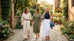 Three women in modest summer outfits including trousers, dresses, and skirts