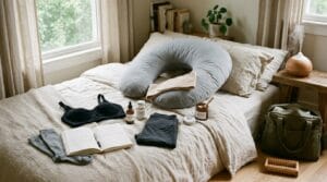 Softly lit bedroom scene displaying an assortment of pregnancy comfort and self-care items.