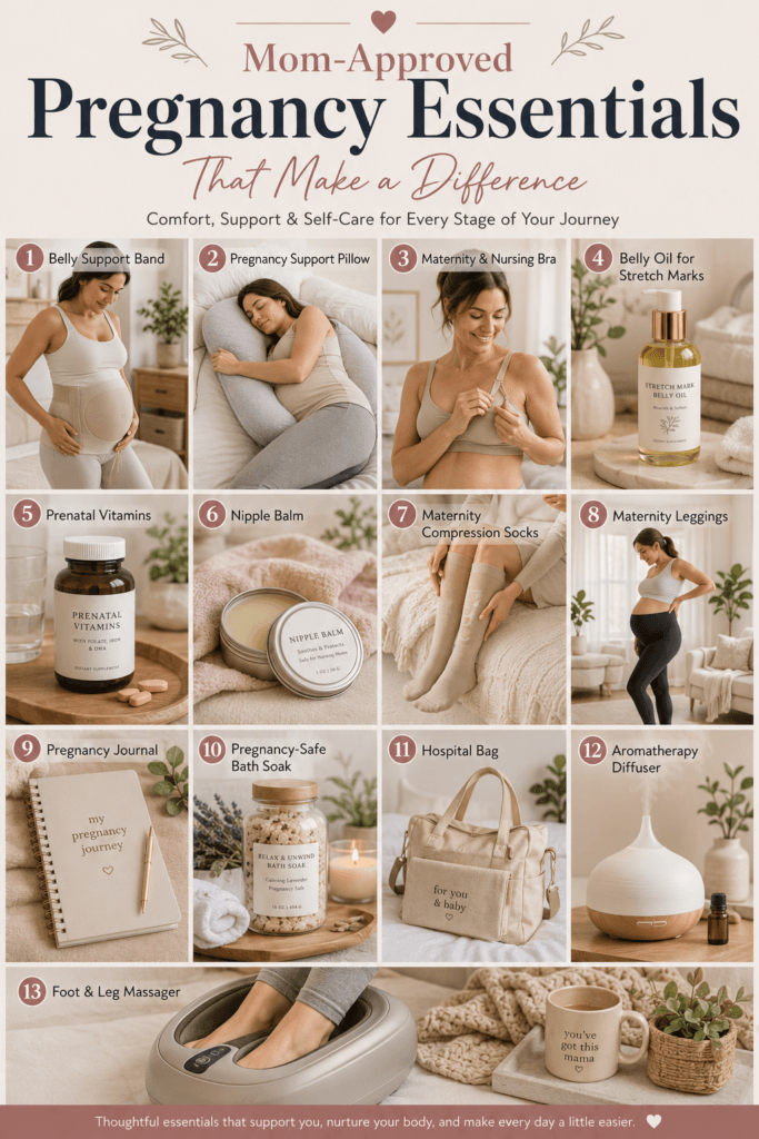 Mom-Approved Pregnancy Essentials That Make a Difference 2 Pregnant woman surrounded by essential pregnancy comfort products for healthier, more comfortable everyday motherhood preparation.