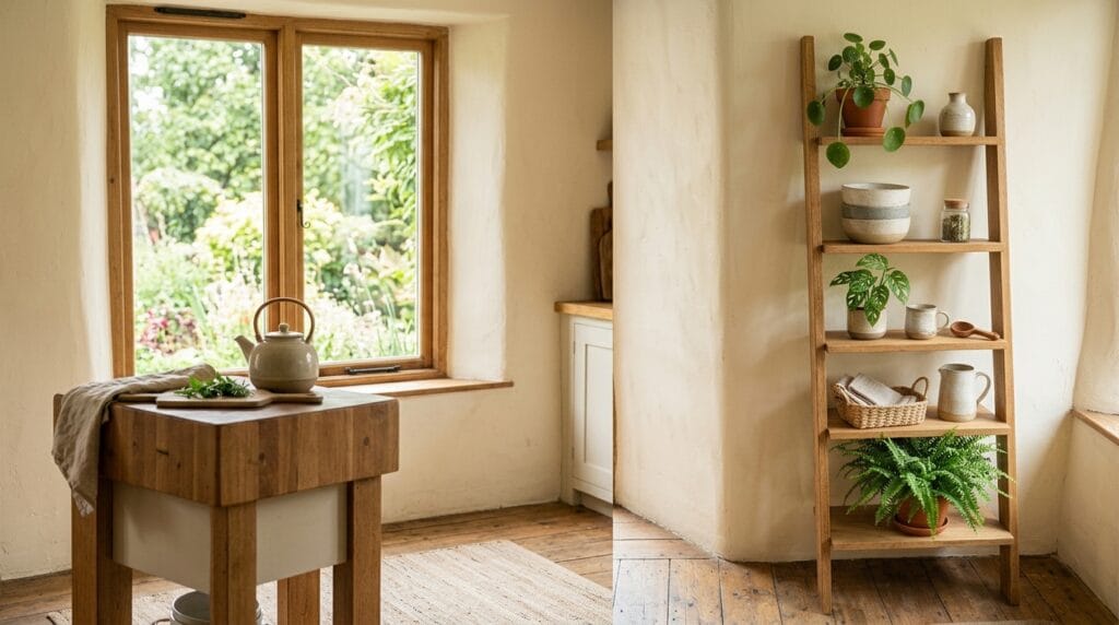 Wooden ladder shelf leaning against a kitchen wall holding plants and ceramic decor pieces.