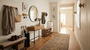 Long narrow hallway styled with slim furniture, storage baskets, mirror, lighting, and layered wall decor.