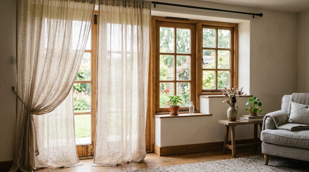 Sheer natural linen curtains softly filtering light beside a wood-framed living room window.