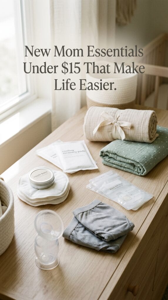 Postpartum recovery and newborn nursing care essentials on a table