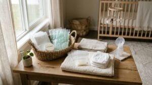 Soft nursery table displaying assorted postpartum recovery and newborn nursing care essentials in natural light.