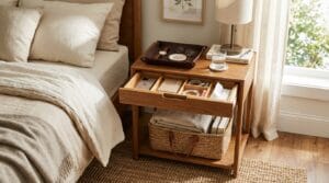 A neatly organized bedroom nightstand showing various bedside storage containers and dividers.